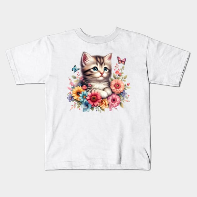 A cat decorated with beautiful colorful flowers. Kids T-Shirt by CreativeSparkzz